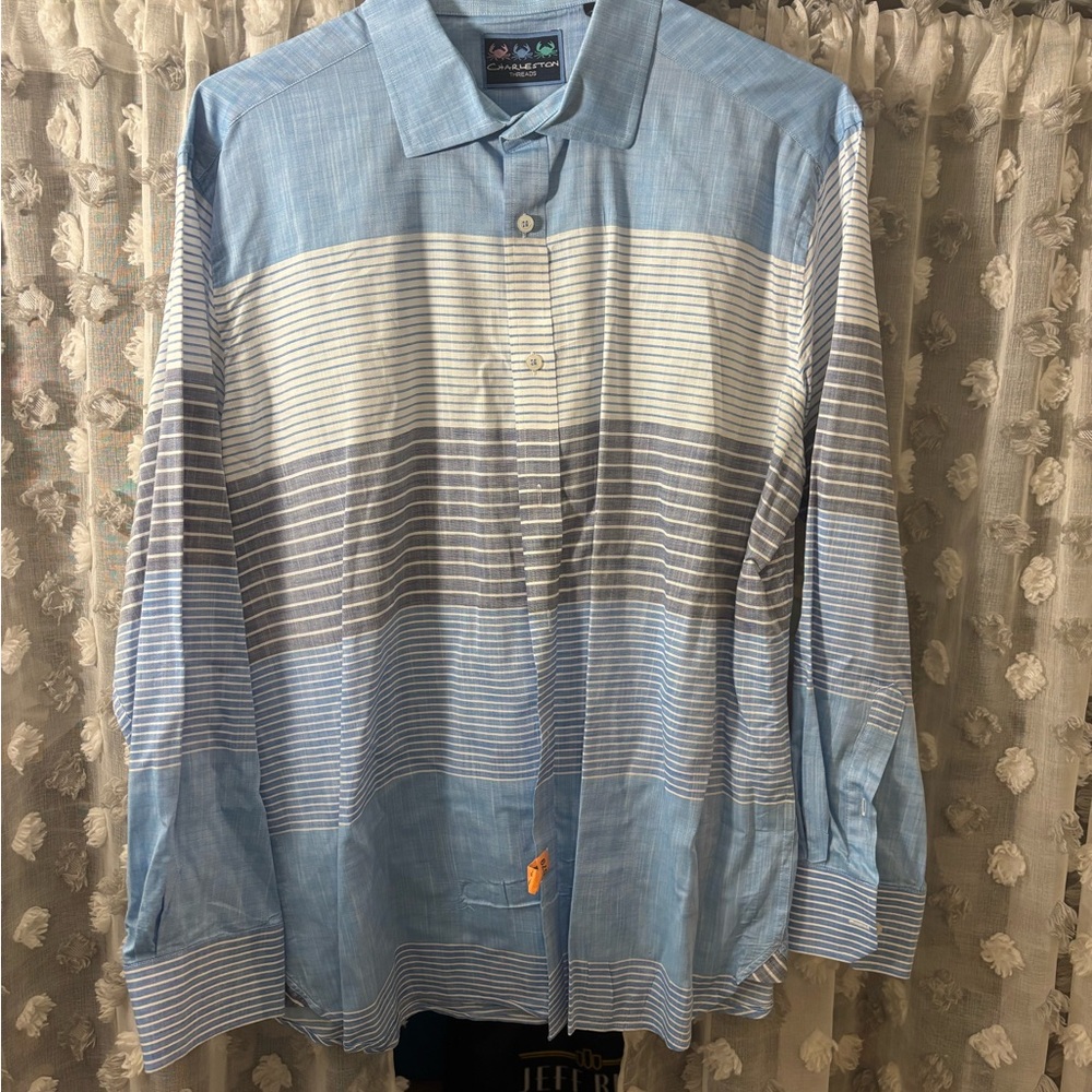 Men's Casual Blue and White Striped Button-Down Shirt